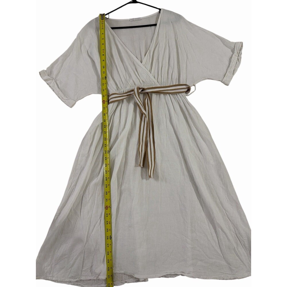 Made In Italy Linen Dress One Size White Wrap Style Short Sleeve Belted - Picture 8 of 8